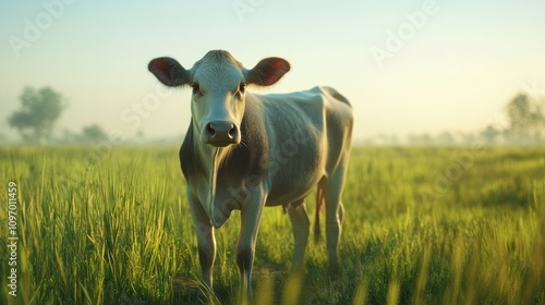 A young cow stands in a lush green field during a serene morning.