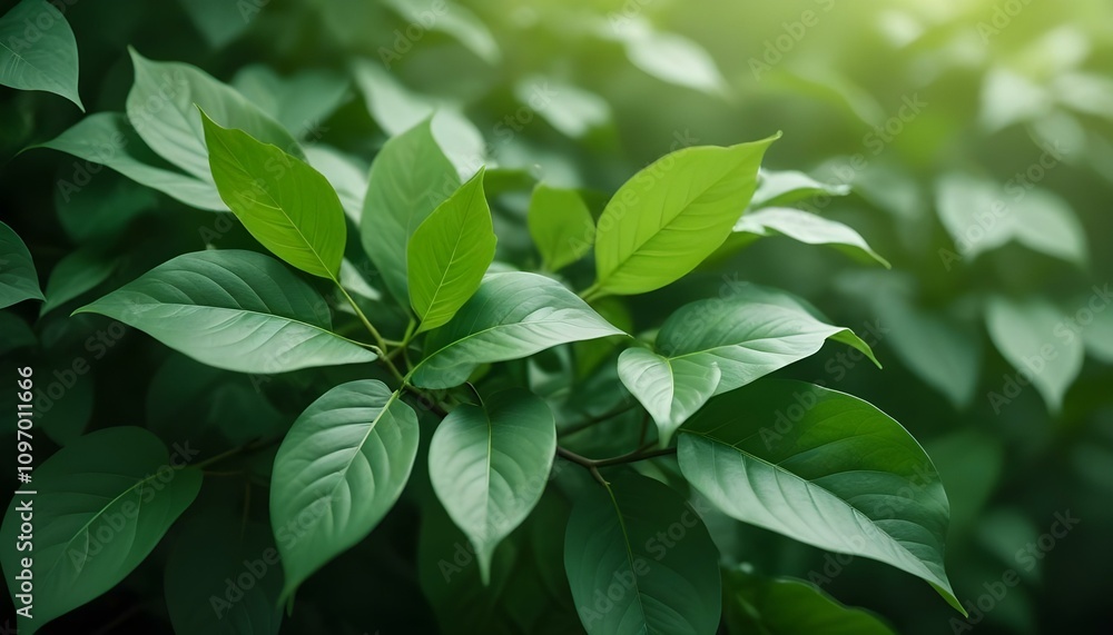 Fototapeta premium Hojas verdes con fondo borroso, vista cercana de follaje exuberante