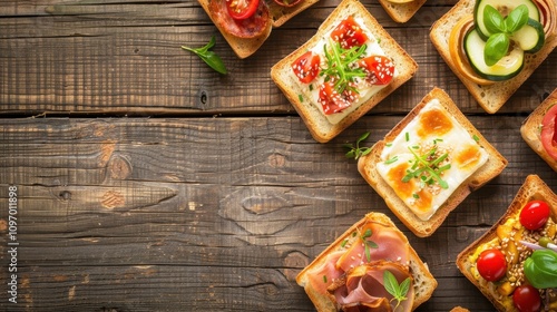 A Vibrant Array of Gourmet Toasts with Fresh Toppings on Rustic Wooden Board photo