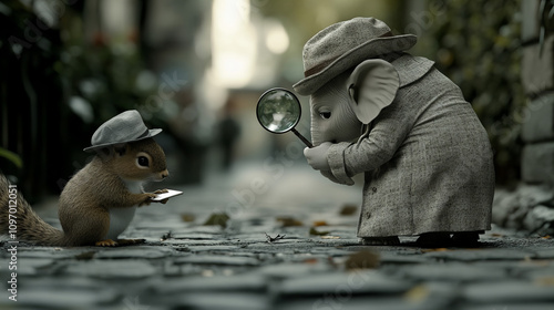 Curious elephant detective investigates with squirrel accomplice in a whimsical city alley photo