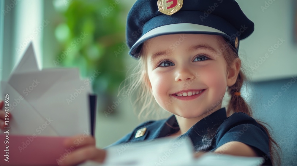 A smiling girl in a police uniform holds envelopes, conveying a playful and cheerful theme. A smiling girl in a police uniform holds envelopes, conveying a playful and cheerful theme.