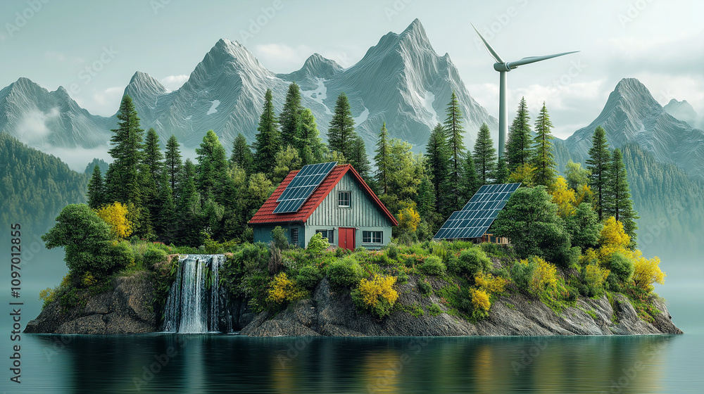 A serene, self-sustaining island home powered by solar panels and a wind turbine, surrounded by lush forests, a waterfall, and majestic mountains under a calm sky. A serene, self-sustaining island home powered by solar panels and a wind turbine, surrounded by lush forests, a waterfall, and majestic mountains under a calm sky.
