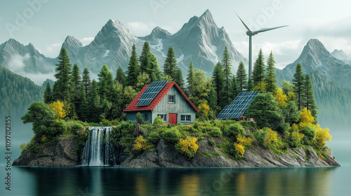 A serene, self-sustaining island home powered by solar panels and a wind turbine, surrounded by lush forests, a waterfall, and majestic mountains under a calm sky.