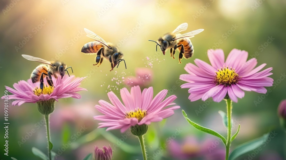 Bees pollinating pink flowers in a vibrant garden setting, showcasing nature's beauty. Bees pollinating pink flowers in a vibrant garden setting, showcasing nature's beauty.