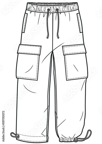 boys drawstring elastic waist parachute cargo pant flat sketch vector illustration technical cad drawing template