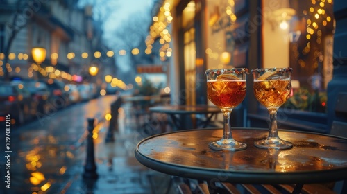 Two cocktails on a cafe table at night.