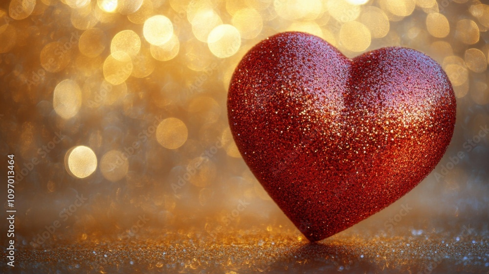 Fototapeta premium Sparkling Red Heart Against Golden Bokeh Background