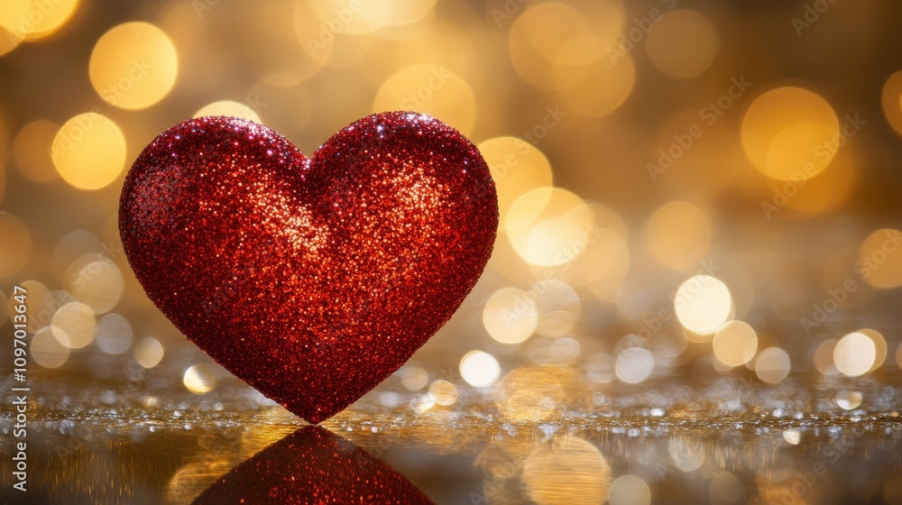 Shimmering Red Heart on Golden Bokeh Background Shimmering Red Heart on Golden Bokeh Background