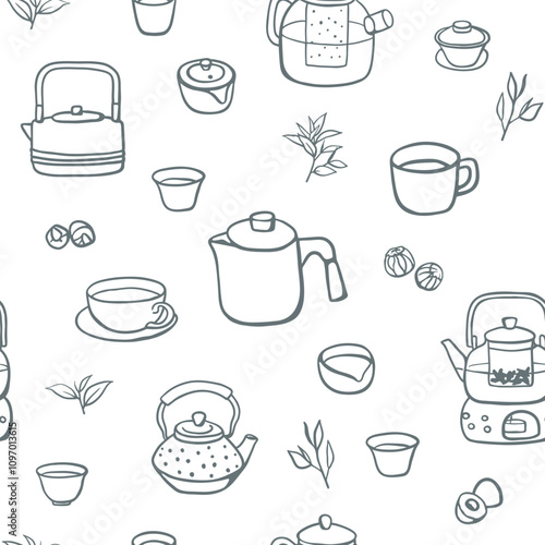 Hand drawn sketch style teapots, cups and puerh tea balls seamless pattern