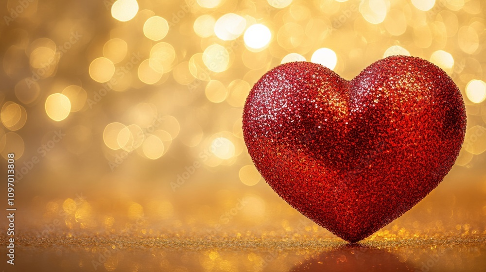Glittering Red Heart Against a Soft Golden Bokeh Background Glittering Red Heart Against a Soft Golden Bokeh Background
