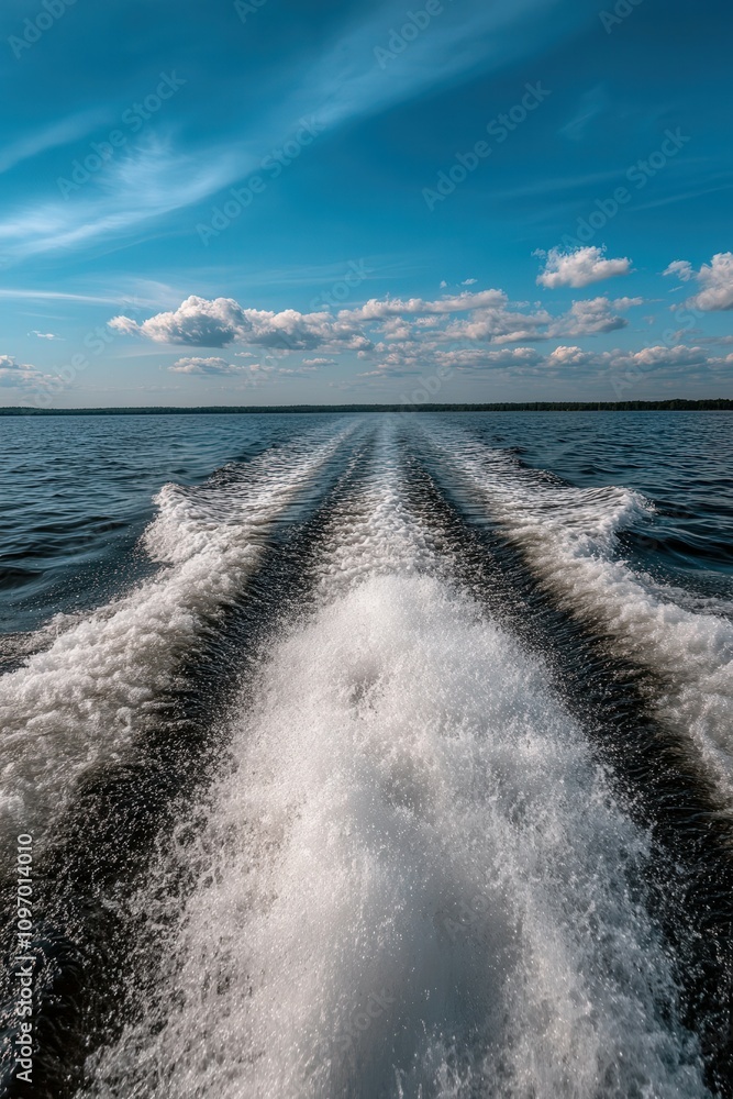 Scenic view of boat wake on tranquil lake under blue sky Scenic view of boat wake on tranquil lake under blue sky