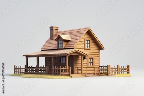 Wooden cabin with porch and fence on plain background photo