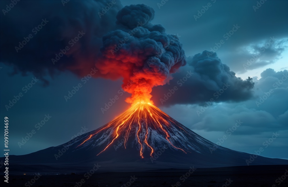 Fototapeta premium Volcano erupts at night. Lava flows down mountain. Dark sky. Dramatic nature scene. Iceland landscape. Perfect for banner wallpaper. Magma explosion. Geothermal activity. Natural disaster. Travel