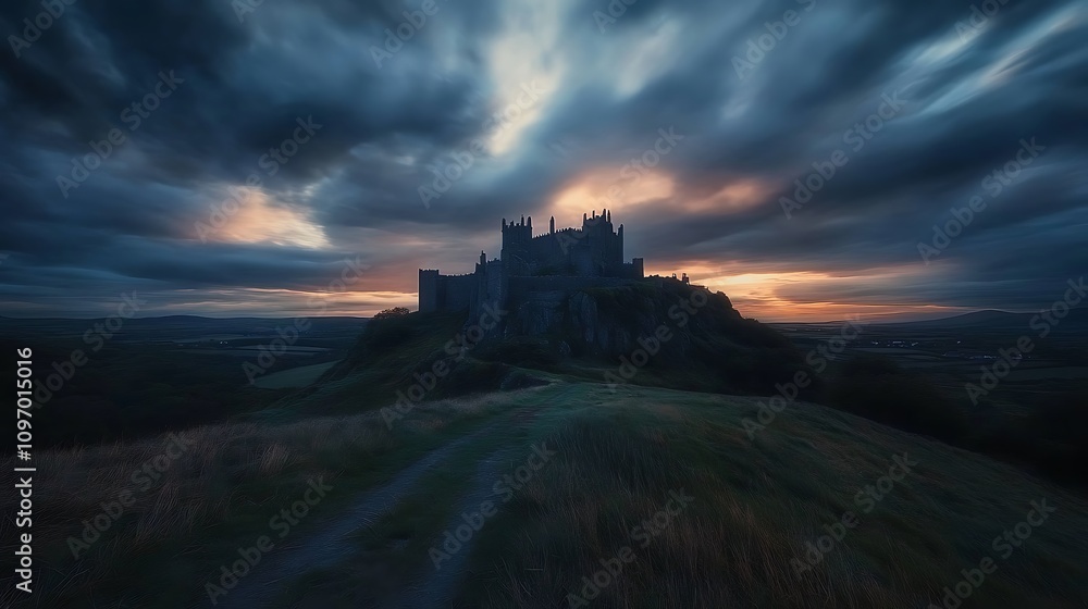 Fototapeta premium Majestic Castle Silhouette at Sunset on a Hilltop