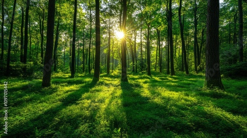 A forest with trees and grass