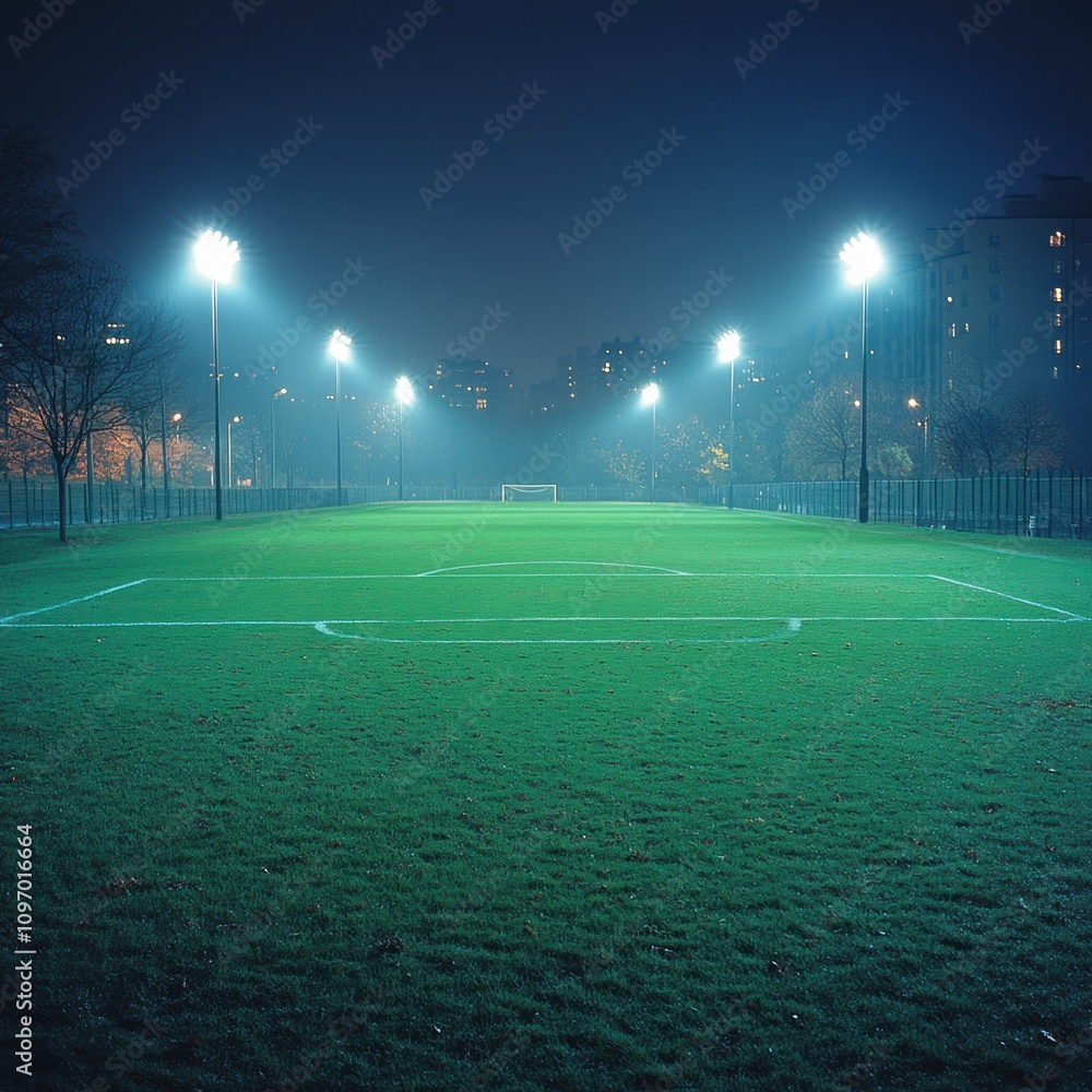 Nighttime Soccer Field Illuminated By Bright Lights Nighttime Soccer Field Illuminated By Bright Lights