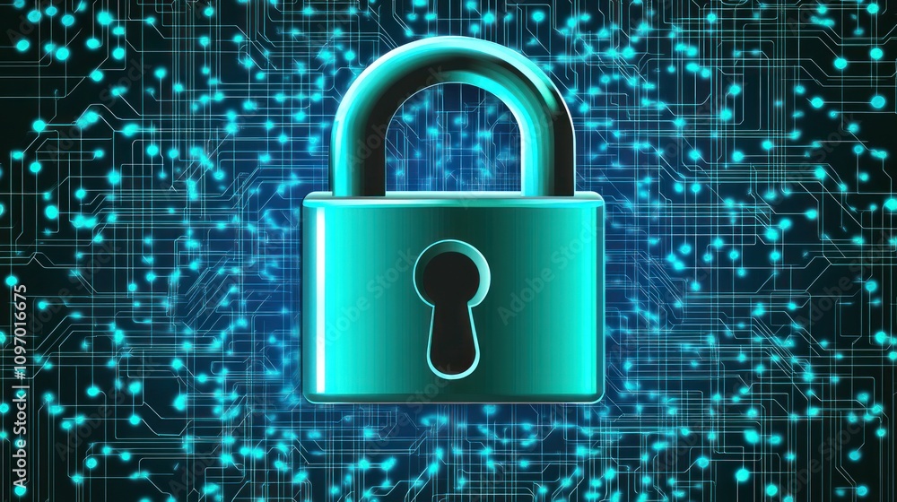 A digital padlock symbolizing cybersecurity and data protection amidst a network backdrop. A digital padlock symbolizing cybersecurity and data protection amidst a network backdrop.