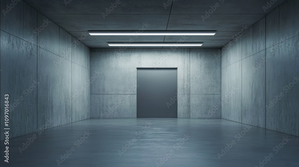 Concrete Room With A Single Closed Door And Fluorescent Lights Concrete Room With A Single Closed Door And Fluorescent Lights