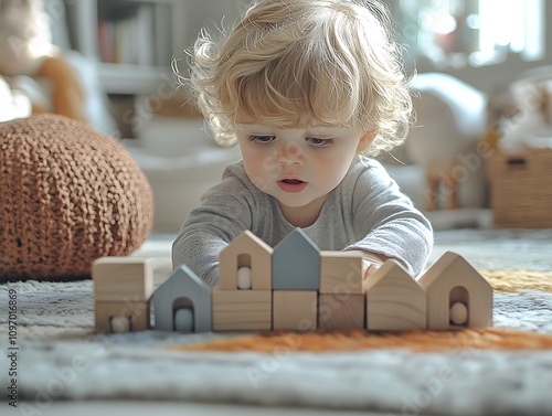 A toddler enthusiastically knocking down a wooden block tower with colorful pieces scattered around on white backdrop 