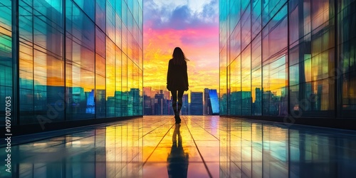 Woman Walks Towards City Sunset Between Glass Buildings