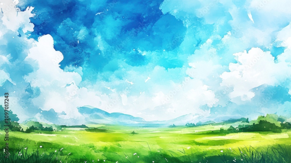 Serene Watercolor Landscape of Rolling Hills and Sky Serene Watercolor Landscape of Rolling Hills and Sky