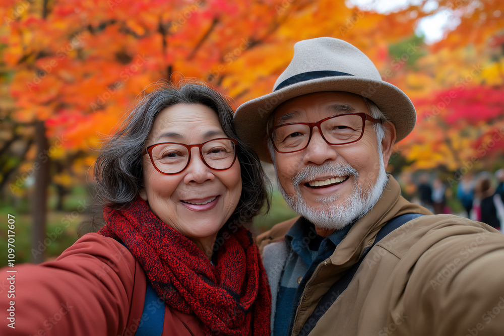 Older Asian married couple taking selfie picture outdoors in Autumn park with orange leaves in background Older Asian married couple taking selfie picture outdoors in Autumn park with orange leaves in background