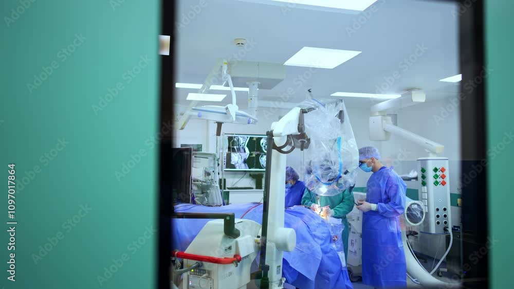 Modern operational theatre for neurosurgical operations. Looking through the window in the door to surgical room where neurosurgeons perform surgery. Modern operational theatre for neurosurgical operations. Looking through the window in the door to surgical room where neurosurgeons perform surgery.