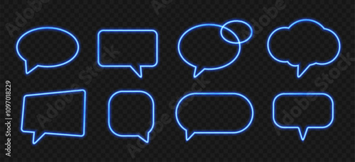 Neon speech bubbles. Bright light frames for quotes and text. Neon blue light speech bubble promotion banner, glowing price tag, luminous discount borders. Vector set.