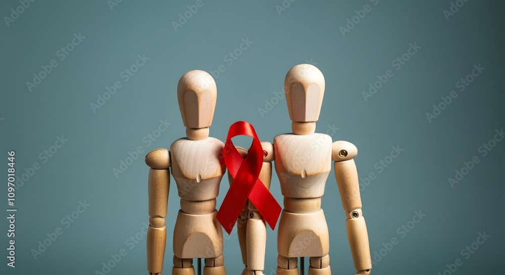 Two male wooden model holding red ribbon for minimal safe sex, world sexual health and aids day concept. Two male wooden model holding red ribbon for minimal safe sex, world sexual health and aids day concept.