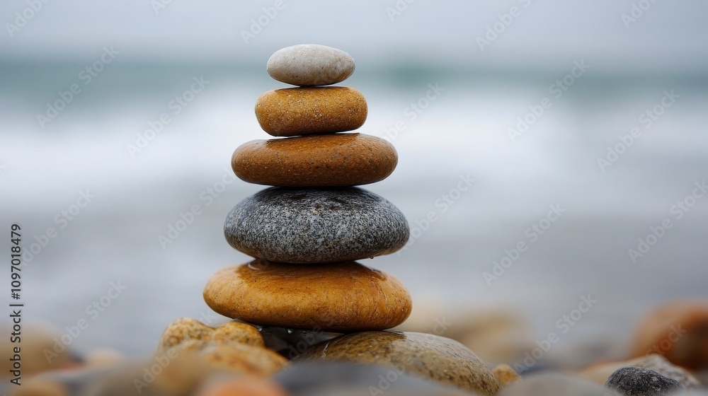 Balanced Stones Near Ocean Water Showing Serenity