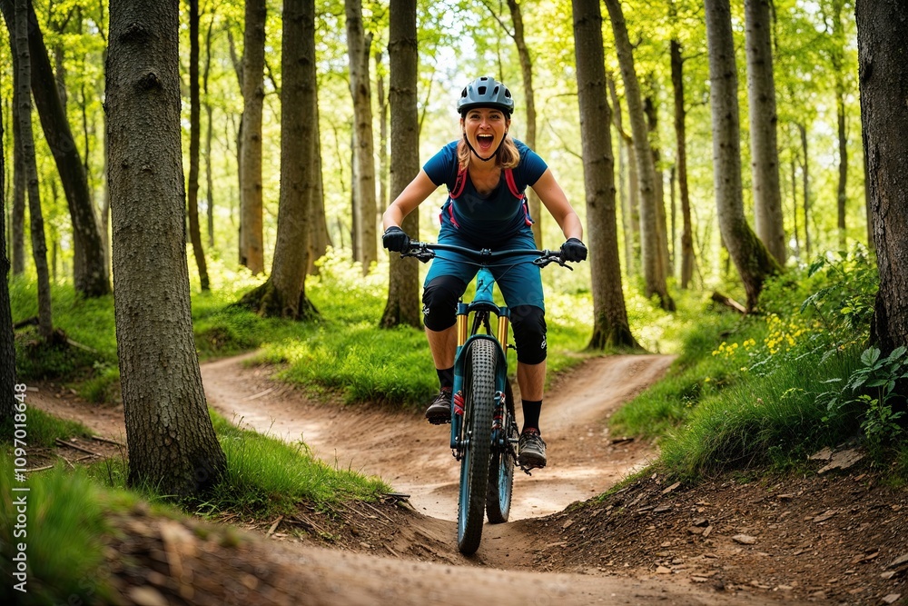 Adventurous Woman Tackling Summer Mountain Bike Trails in Vibrant Forests Adventurous Woman Tackling Summer Mountain Bike Trails in Vibrant Forests
