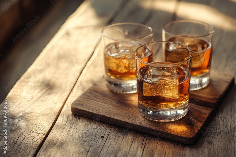 Three Glasses Of Whiskey On Wooden Coaster Three Glasses Of Whiskey On Wooden Coaster