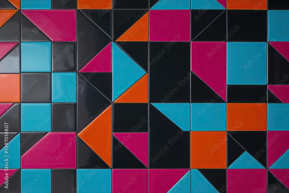 Vibrant Geometric Tile Design Featuring Bright Cyan Magenta and Orange Blocks on Black Background Vibrant Geometric Tile Design Featuring Bright Cyan Magenta and Orange Blocks on Black Background