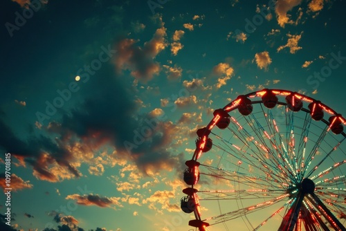 A vibrant sunset scene featuring a ferris wheel against a colorful sky. photo