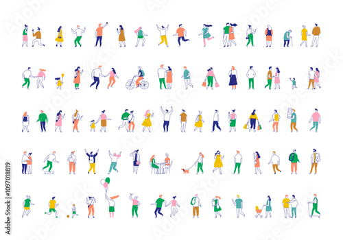 Background people silhouette outline style big vector bundle. People crowd. Men and women, kids walking outdoor isolated on white background	
