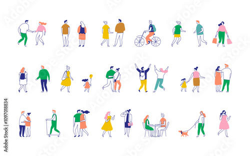 Background people silhouette outline style vector set. People crowd. Men and women, kids walking outdoor isolated on white background	