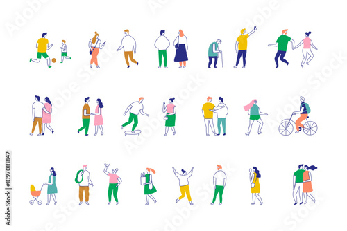 Background people silhouette outline style vector set. People crowd. Men and women, kids walking outdoor isolated on white background	