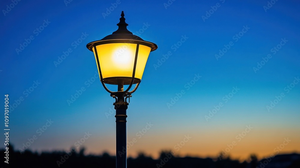 A glowing street lamp illuminates a serene twilight scene with a gradient sky. A glowing street lamp illuminates a serene twilight scene with a gradient sky.