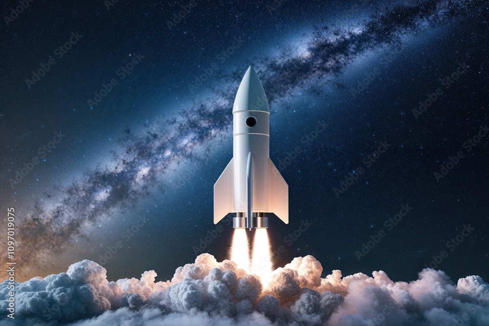 Obraz premium 3D Rocket Launching into Space Representing Ambitious Startup Goals