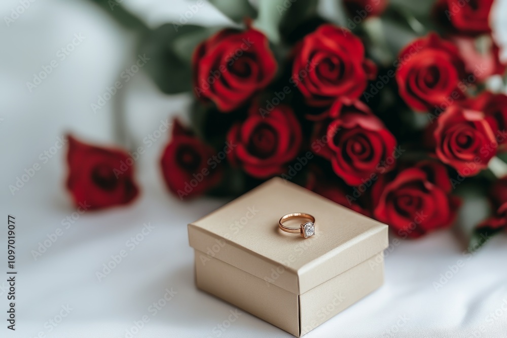 a small gift box with a diamond, ring, next to a bouquet of luxurious red roses, photo, on a white background.For the design of articles about the celebration of Valentine's day, wedding, birthday a small gift box with a diamond, ring, next to a bouquet of luxurious red roses, photo, on a white background.For the design of articles about the celebration of Valentine's day, wedding, birthday