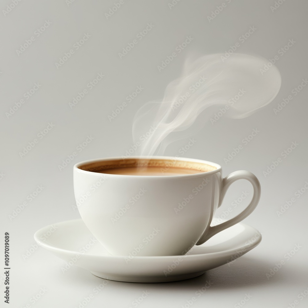 A steaming white cup of coffee on awhite background, conveying warmth and cozy feelings A steaming white cup of coffee on awhite background, conveying warmth and cozy feelings