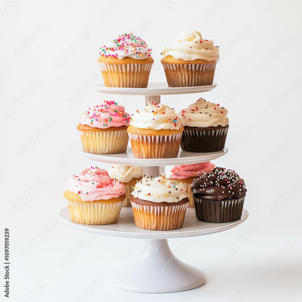 Assorted cupcakes on a multi-level stand with white and chocolate glaze and sprinkles on a white background, ideal for festive events and inspiration for dessert Assorted cupcakes on a multi-level stand with white and chocolate glaze and sprinkles on a white background, ideal for festive events and inspiration for dessert