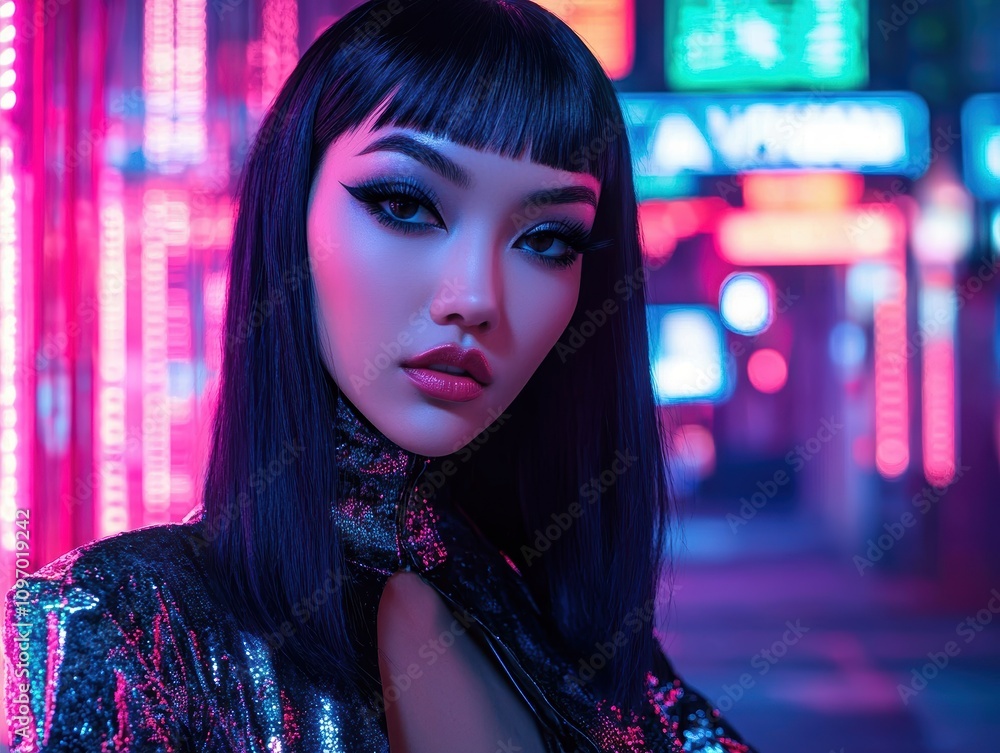 A stylish individual poses in a vibrant, neon-lit urban environment. A stylish individual poses in a vibrant, neon-lit urban environment.