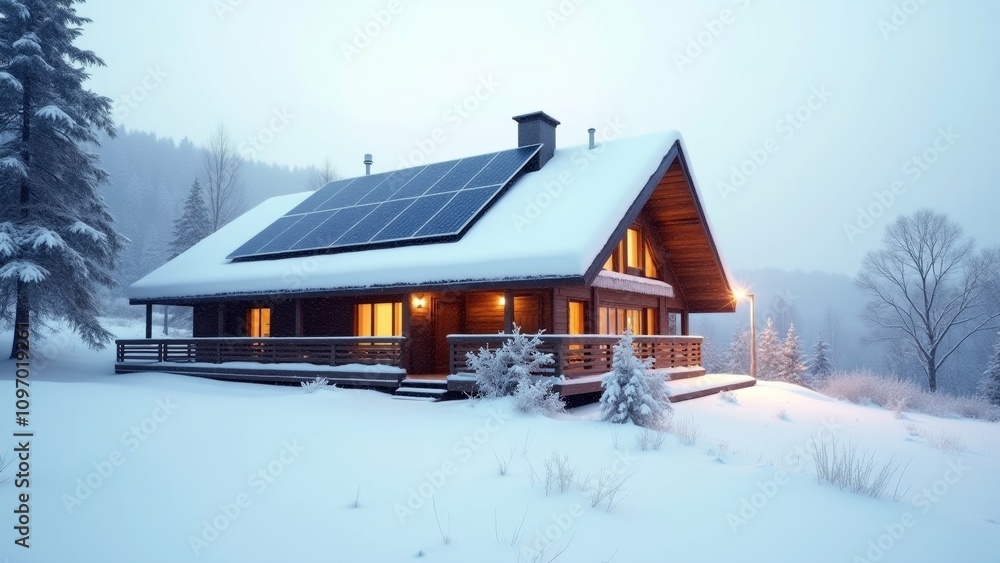 The image shows a beautiful wooden cabin in the middle of a snowy landscape. The cabin is covered in a thick layer of snow and has a sloping roof with solar panels on it. The image shows a beautiful wooden cabin in the middle of a snowy landscape. The cabin is covered in a thick layer of snow and has a sloping roof with solar panels on it.