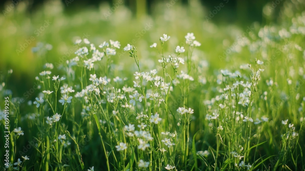 Delicate White Flowers Blooming In Lush Green Field Delicate White Flowers Blooming In Lush Green Field