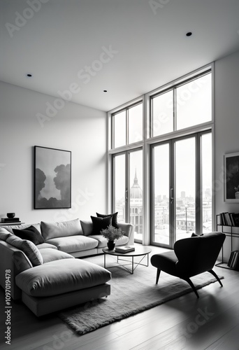 Modern monochrome living room features stylish sofa and chair. Large windows offer city view. Minimalist interior design. Contemporary apartment space. Clean lines. Urban apartment. Home decor.