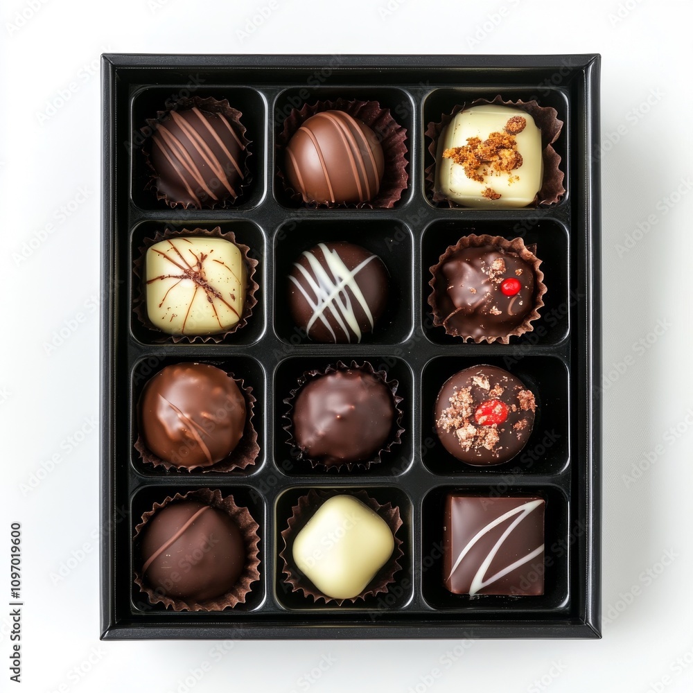 Assortment of gourmet chocolates in luxury black box on white background with variety of flavors and designs, top view, , photo. Assortment of gourmet chocolates in luxury black box on white background with variety of flavors and designs, top view, , photo.