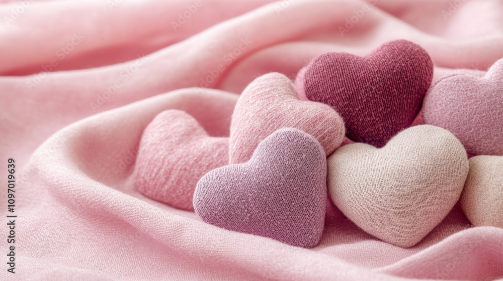 Fototapeta premium Soft Fabric Hearts on Pink Background for Valentine's Day or Love Themes