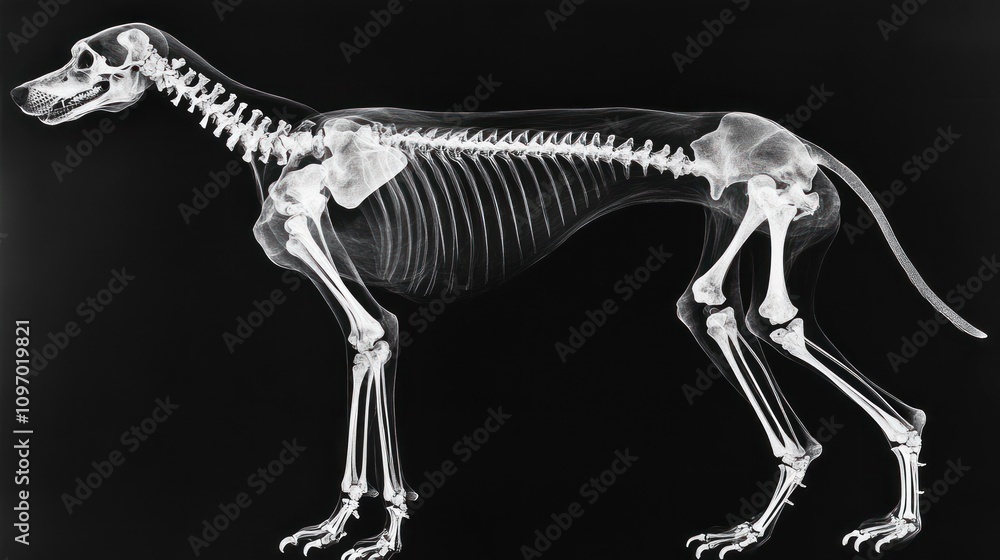 Fototapeta premium X-ray image of a dog's skeleton, illustrating its bone structure and anatomy.