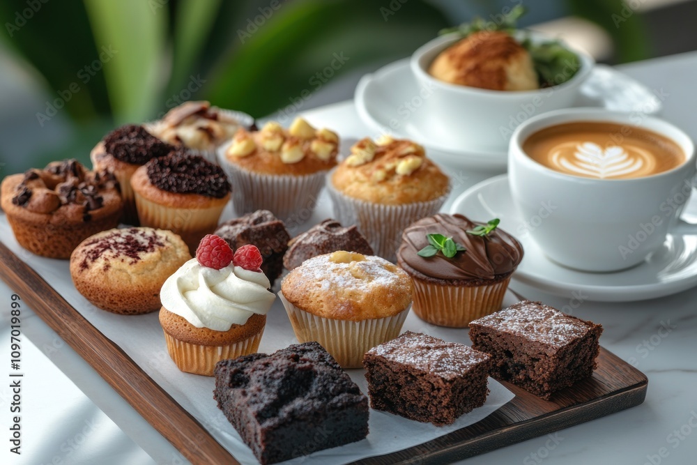 Assorted Mini Cakes And Brownies On A Wooden Tray Assorted Mini Cakes And Brownies On A Wooden Tray
